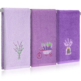 Tingjoo Lavender Floral Hand Towels Farmhouse Purple Lavender Bathroom Decor 14x29 Inch Embroidered Decorative Cute Summer Flowers Cotton Soft Absorbent Hand Towels for Bathroom Kitchen