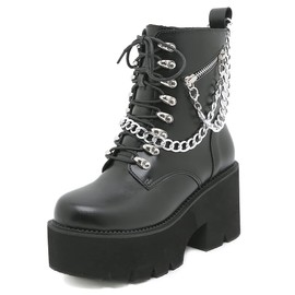 mikarka Women's Chain Platform Boots Lace Up & Zipper Chunky Heel Black Combat Ankle Booties Fashion Studded Motorcycle Boots