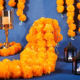 15 Pack Marigold Garland 5 Ft Long Strands Faux Marigold Flowers Faux Flower Garland Decorations Indian Wedding Decorations Flower Garland for Pooja, Wedding, Christmas, Events, Diwali (Light Orange)