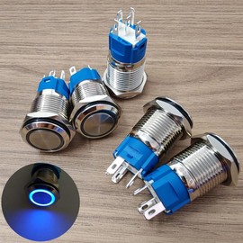 Gebildet Pack of 5 16 mm Blue LED Metal Momentary Push Button Switch Waterproof 12V-24V/5Amp 1NO 1NC On/Off for 5/8 Inch Mounting Hole