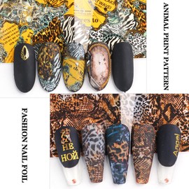 Animal Print Nail Foil Transfer Stickers Decals, Leopard Snake Feather Nail Transfer Foils Sticker Designs Sky Starry Paper Nail Art Decals Acrylic Nails Supplies for Women Manicure Tips Decorations
