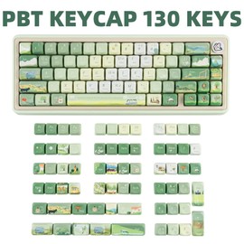 COOMICKEY PBT Keycaps, Green Keycap Set, Dye Sublimation Cute Cartoon Keycaps, XOA Profile 130 Keys Keycaps Custom Keyboard Keycaps Set for Cherry Gateron MX Switches Mechanical Keyboards