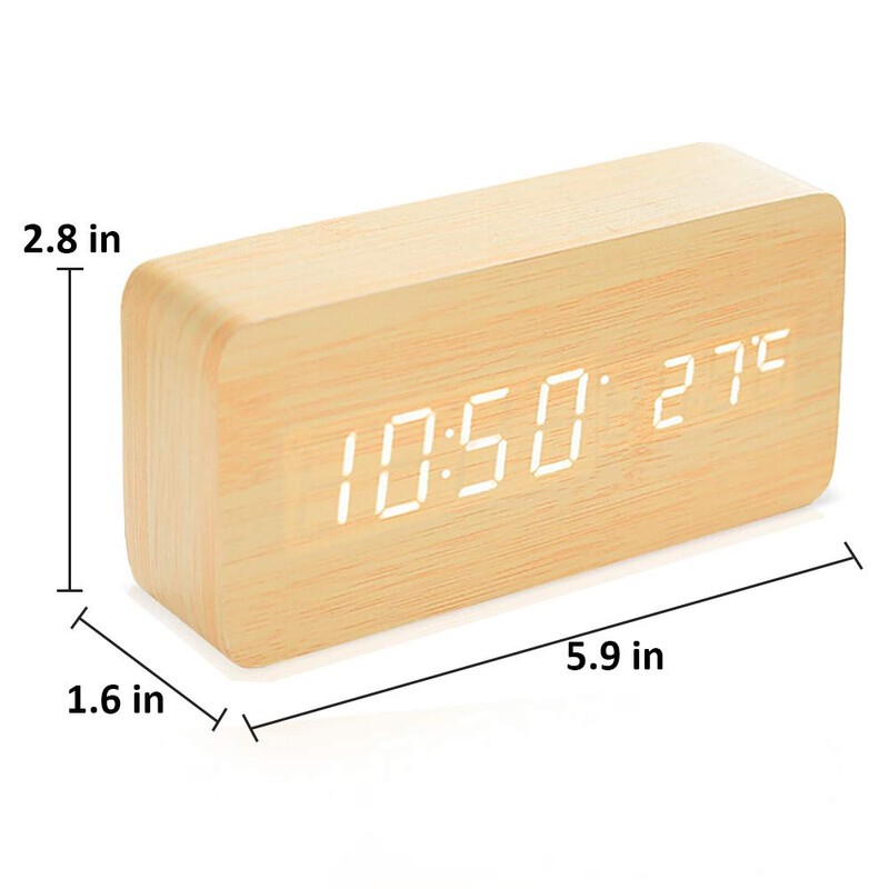 ThreeH Digital Alarm Clock 3 Alarm Setting Voice Control Wooden