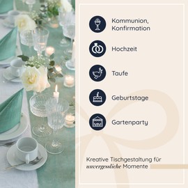 100%Mosel Eucalyptus Green Table Decoration Set - 40-80 Guests - Table Runner & Napkins for Christening, Communion, Confirmation, Wedding & Birthday - Practical Decoration Set for Special Occasions