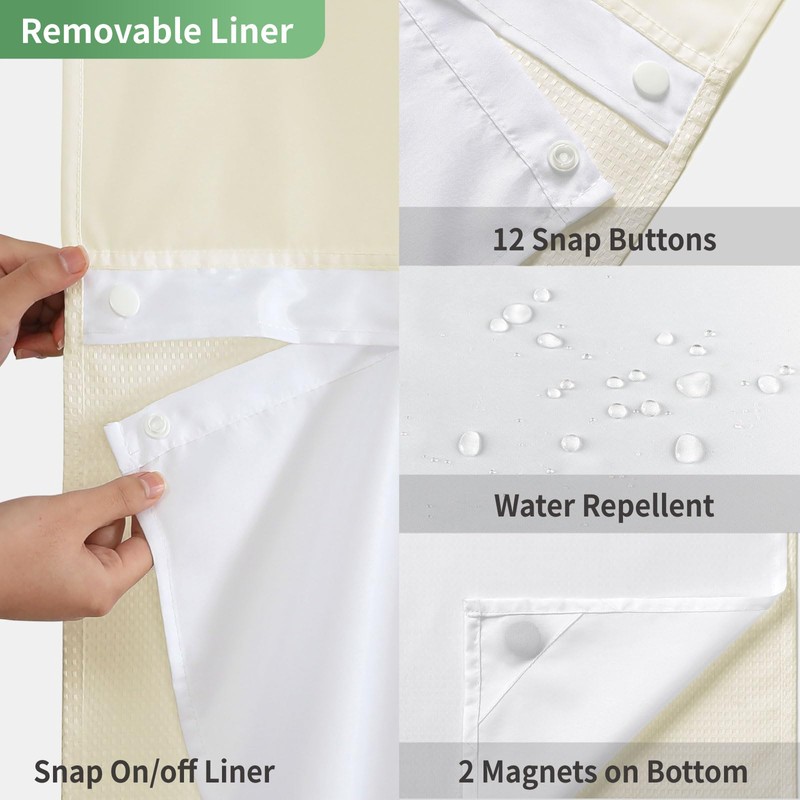 eachope Cream No Hook Shower Curtain with Snap-in Fabric Liner