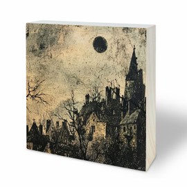 Gothic Wooden Block Sign - Middle Century Castle & The Moon - Natural Solid Pine Wood Tabletop Decor, Shelf, Counter, Farmhouse, Gifting Idea, Home & Office Decoration - D12