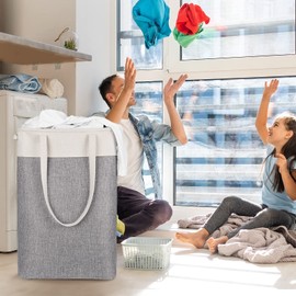 Collapsible Laundry Baskets Double Laundry Hampers Large Foldable Laundry Basket Organizer with Straps Beig Gray Cloth Laundry Hamper Patchcwork Laundry Sorter Dirty Clothes Basket,QY-SC22-2