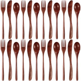 Busnos Wooden Utensils for Eating 24 Pcs Wooden Cutlery Set Reusable Cooking Travel Wooden Spoons Forks Lunch Utensils Silverware Set for Lunch Portable Wood Flatware Set for Eating
