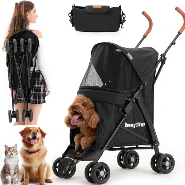 Kenyone Dog Stroller for Small Dogs, Lightweight Pet Stroller for Small Dogs, Premium Portable Compact Travel Dog Stroller for Small and Medium Cats, Dogs, Puppy Black