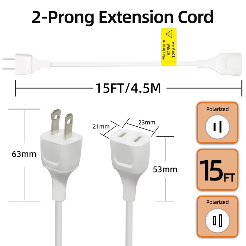Polarity White Extension Cord 15FT 625W Extension Cords Thin Two