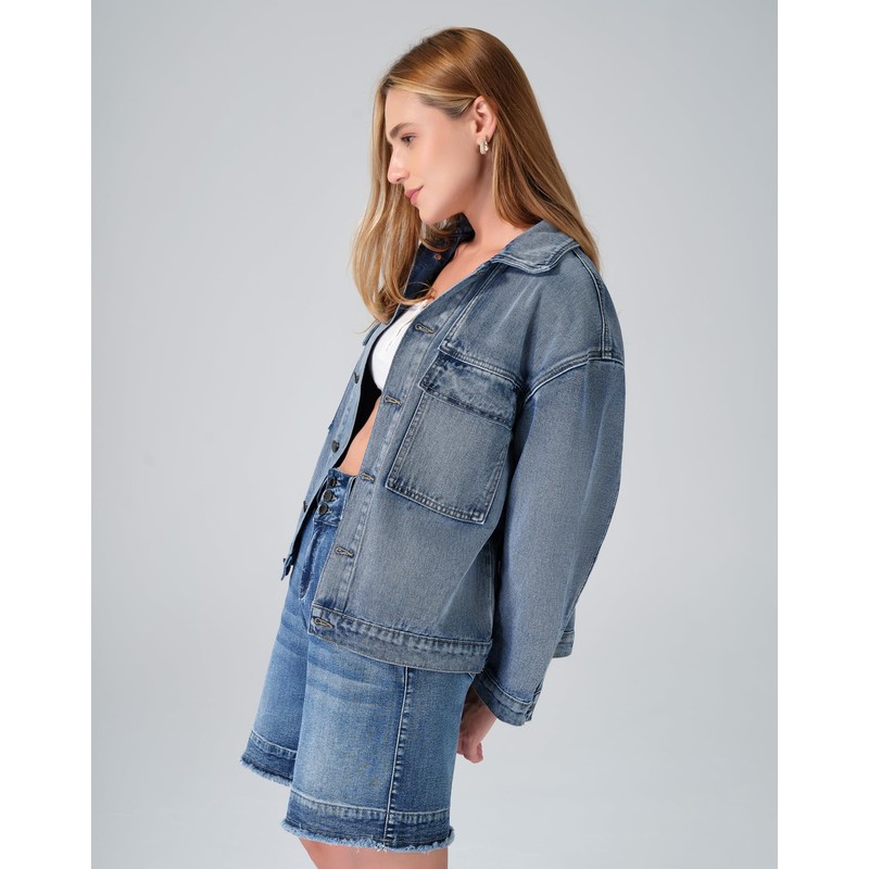 roswear Denim Jacket Coat for Women with Flap Chest Pockets