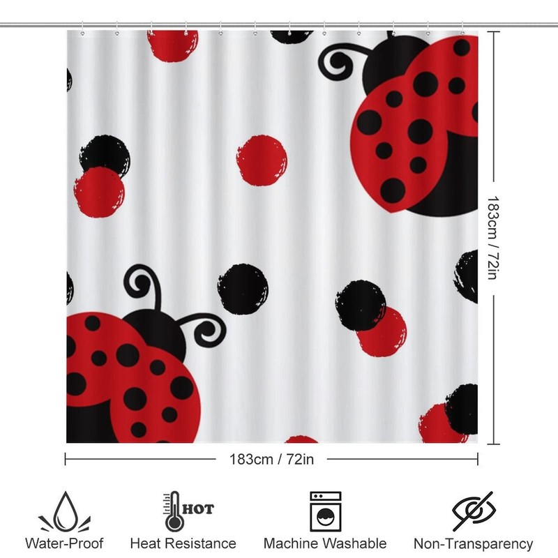 Cute Red Ladybug 4 Piece Shower Curtain Sets, Non-Slip Rugs,