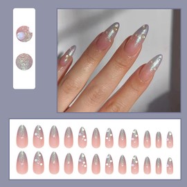 24 Pcs Cat's Eye French Press on Nails Short Almond - YEFIUO Pink Fake Nails Press ons Glitter Nail Tip Glue on Nails with Rhinestone Design Full Cover False Nails Stick on Nail Acrylic Nail Art Kit