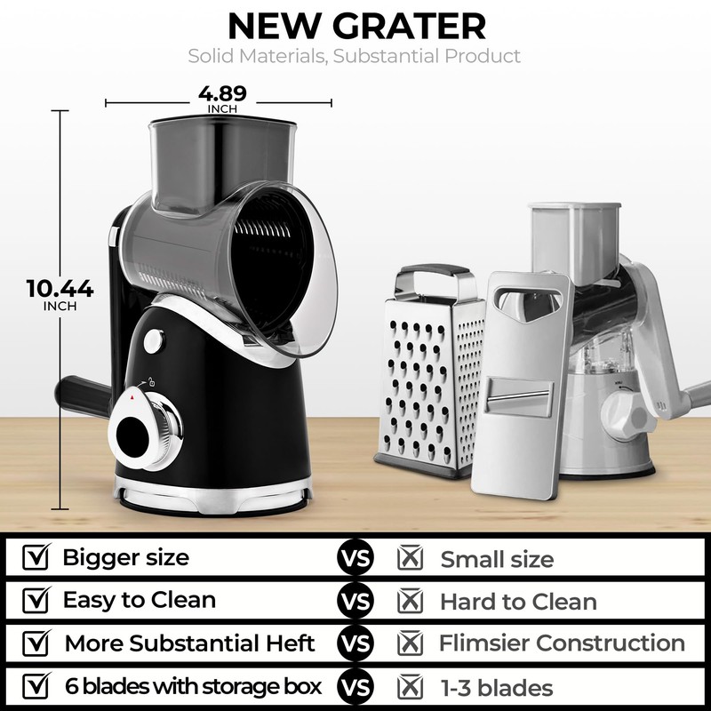 SUSTEAS Rotary Cheese Grater with Handle,Vegetable Slicer with 6 Interchangeable