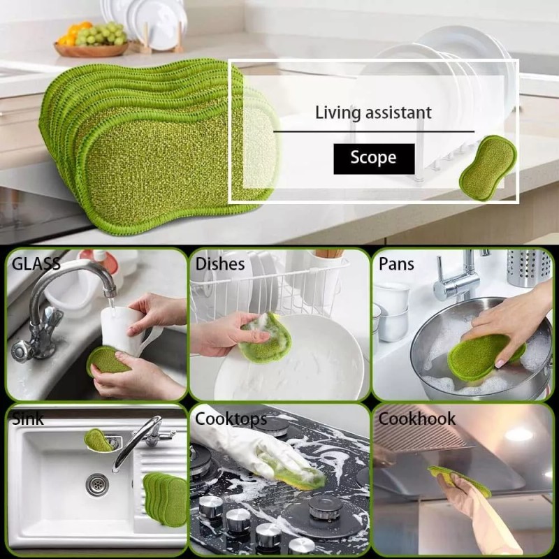 6 Multi-Purpose Scrub Sponges Kitchen Non-Scratch Microfiber Heavy Duty Scouring