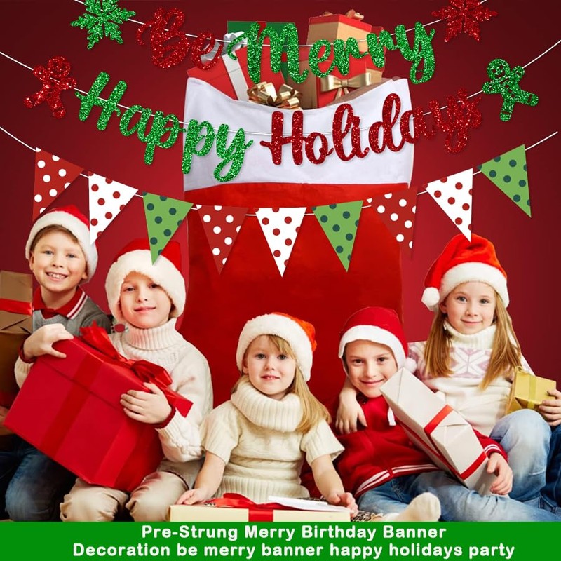 Pre-Strung Be Merry Christmas Decorations Banner Happy Holidays Party Red