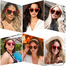 Laurinny Red Heart Sunglasses for Women, Vintage Cute Cat Eye Red Glasses for Party Costume Driving Travel