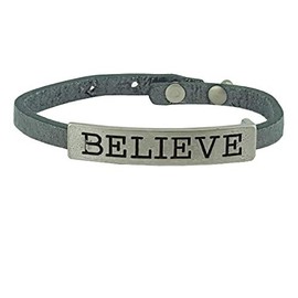 Leather Wristband with BELIEVE metal Plate in Glitter Pewter