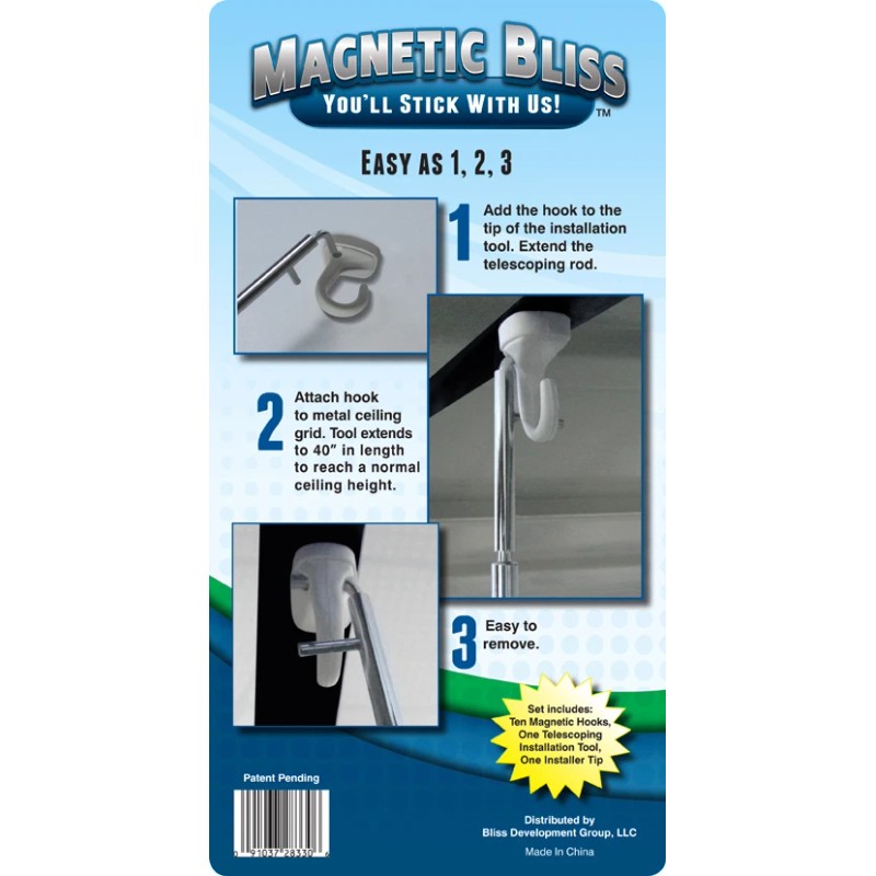 Magnetic Bliss Acoustical Tile Ceiling Hooks and Installation Tool