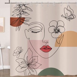 Hnmdmyi Abstract Woman Shower Curtain, 180 x 180 cm, Boho Mid Century Bath Curtain, Minimalist Modern Flower, Plant, Terracotta, Aesthetic, Girl's Waterproof Polyester Fabric, Washable Bath Curtain