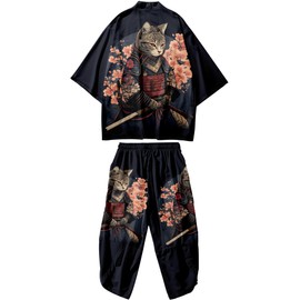 DOSLAVIDA Men's Japanese Kimono Cardigan Suit Chinese Style Printed Jacket Pants Set Open Front Seven Sleeve Top & Shorts