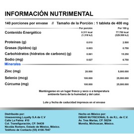 Selenio de Metionina, Gluconato de Zinc, Curcuma 140 Tabletas Magnium