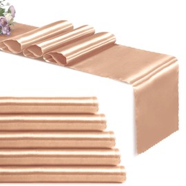 Eychei Set of 5 Rose Gold Satin Table Runners, 12" x 108" Long Bright & Smooth Table Runner with Scalloped Edges, Satin Table Cloth Table Runner Decor for Wedding, Party, Banquet