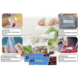 50 Zip Lock Bags Medium, Resealable Food Bags Zip Seal, 1 Gallon Capacity Zip Food Bags, Freezer Bags, Reusable Airtight Leakproof Grip Seal, Multi Use for Travel, Home & Office.
