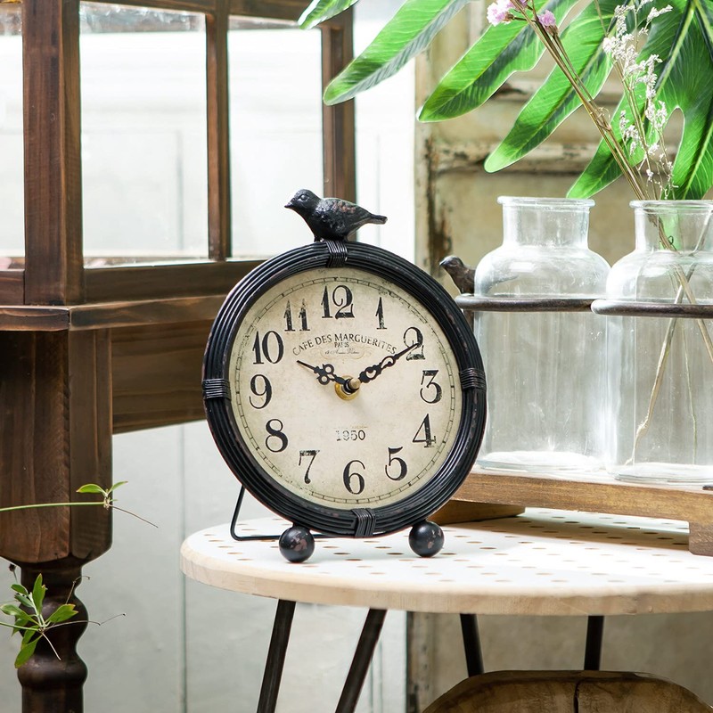 NIKKY HOME Vintage Table Clock with Bird, Metal Desk Clocks