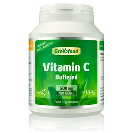 Greenfood Vitamin C, Stomach Friendly, pH Neutral, 500 mg, high dose,180 Tablets. Contributes to the Maintenance of the Immune System, Bones, Skin, Teeth and Gums. Vegan