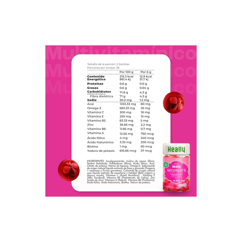 Multivitamínico Mujer Ácido Hialurónico Omega Vitaminas Gomitas Sabor Fresa Granada