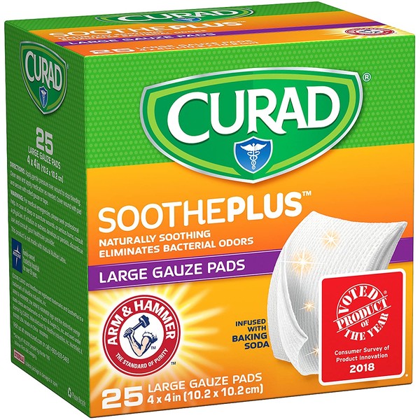 Curad SoothePlus Large Gauze Pads, 4" x 4", 25 Count
