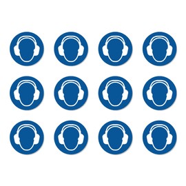 Use Ear Protection, Mandatory Sign: M003 - DIN EN ISO 7010 / ASR A1.3 - Sticker: Diameter 2.5 cm, Pack of 12