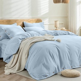 JELLYMONI Cotton Duvet Cover Full Size - Light Blue Comforter Cover with Button 100% Washed Cotton 3PCS Breathable Soft Solid Bedding Set Duvet Cover 80×90in & 2 Pillowcases (NO Comforter)