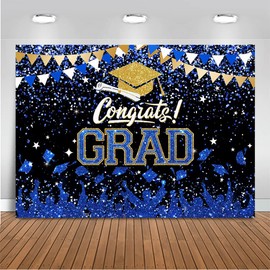 Mocsicka Graduation Party Decorations 2025 Congrats Grad Backdrops for Photography Bachelor Cap Congratulations Grad Photo Backdrop Graduation Prom Party Supplie (Blue and Gold, 10x8ft(120x96 inch))