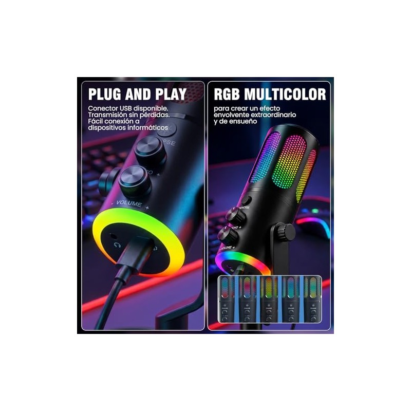Micrófono PC Condensador USB, Microfono para Gamer, RGB, Reducción ENC