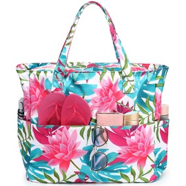 Large Beach Tote Bag Women Waterproof Sandproof Zipper Beach Tote Bag for Pool Gym Grocery Travel with Wet Pocket (Lotus)