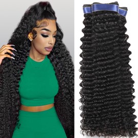 Deep Wave Human Hair Bundles 18 20 22 Inch Curly Bundles Human Hair Extensions 16A 100% Unprocessed Brazilian Raw Deep Curly Hair Weave Sew in Bundle Wet and Wavy Water Wave 3 Bundle Natural Black