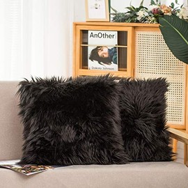 HYSEAS Set of 2 Decorative Faux Fur Throw Pillow Covers, Black Fluffy Soft Fuzzy Square Cushion Cover Pillow Case for Sofa, Couch, Chair, Bed, Cafe, 18 x 18 Inches