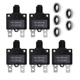 Fuzbaxy 5PCS 15Amp Circuit Breakers with Push Button Reset 32VDC,AC125-250V with Quick Connect Terminals and Waterproof Button Cap