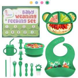Complete Silicone Baby Led Weaning Supplies Set - Animal-Themed 15-Piece Toddler & Baby Feeding Essentials with Bib, Suction Plate & Bowl, Forks, Spoons, Sippy Cup, Straws & More (Jolly Green)