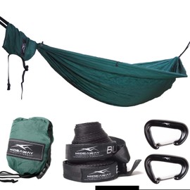 Outdoor Reise Camping Doppel Hängematte 2 Personen Strandtuch Sonnensegel - Set mit Baumgurte Aufhängung Karabiner Beutel Tasche Fallschirmseide Tensity Ultraleicht Nylon (UniColor GRÜN 3mm Diamond)