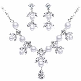 BiBeary Women elegant Zirconia Simulated Pearl Butterfly Flower Wedding Earring Necklace Jewellery Set