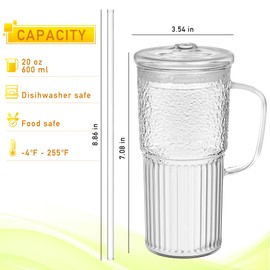 QWEZXO Handmade Glass Cup with Lids and Straws 20 oz Tumbler with Handle Ice Coffee Cup 2 Pack for Cold/Hot Drinks