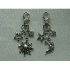 Handmade LOT OF 2 CELESTIAL SUN MOON BEST FRIEND KEY CHAIN CLIP FOR PURSE BAG CHARM FOB
