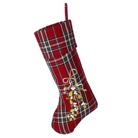 Dibor Traditional Large Red Tartan Embroidered Mistletoe Christmas Stocking - H51cm