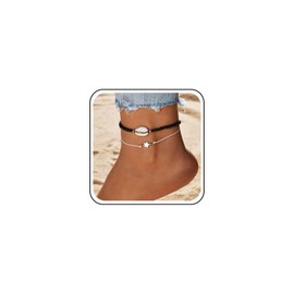 Inilbran Boho Layered Shell Ankle Bracelet Vintage Wax Rope Anklet Bracelet Black Beaded Star Conch Ankle Bracelet Beach Cowrie Star Foot Chain Jewelry for Women and Girls