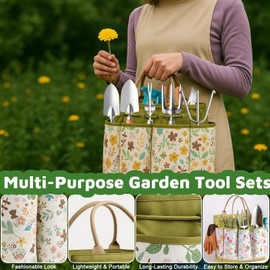 Gardening Tools 10-Piece Heavy Duty Gardening Tool Set with Fashion Durable Tote Organizer Bag, Rust-Proof Non-Slip Hand Tools, Ideal Gardening Gift for Women Gardener Gifts