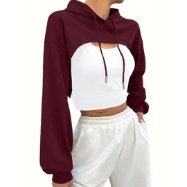 Hilinker Women's Long Sleeve Cropped Hoodie Workout Drawstring Super Crop Tops Burgundy Large