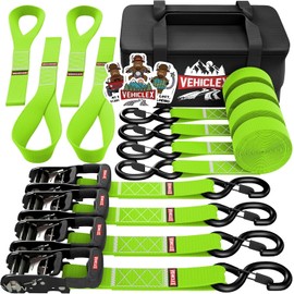 Motorcycle Ratchet Tie Down Straps with Soft Loops - Vehiclex 4PK Heavy Duty 1.5" x 15ft Kit, 4,400 lb Breaking Strength for Powersports, Green